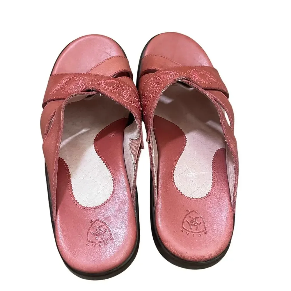 Ariat Leather Slip On Wedge Heel Crossed Decorative Straps Pink Sandals Size 7